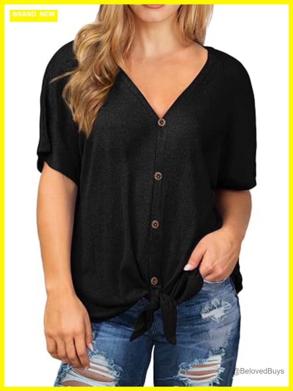 Women's Plus Size Short Sleeve V Neck Waffle Knit Tunic Blouse Tie Front Button